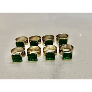 Silver‎ Plated Napkin Ring With Green Glass Jewel Set Of 8